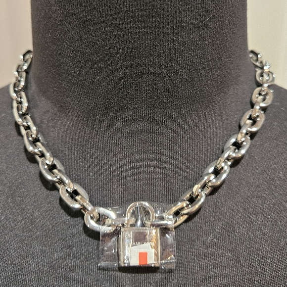 Michael Kors Square Chain Link Padlock Necklace Silver Plate Stainless Steel NWT - Picture 2 of 16